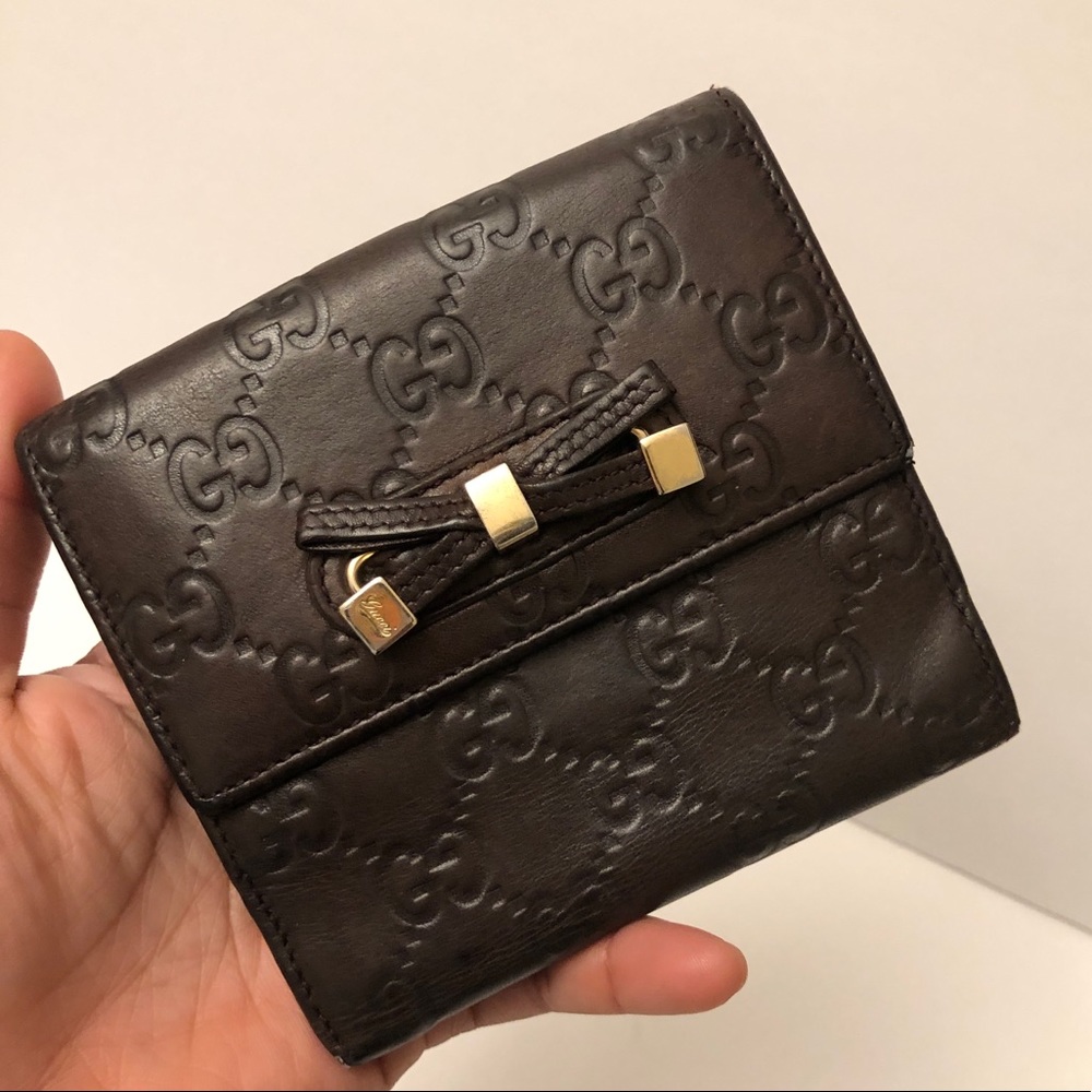 Gucci Embossed Brown Leather Wallet with Gold Accents